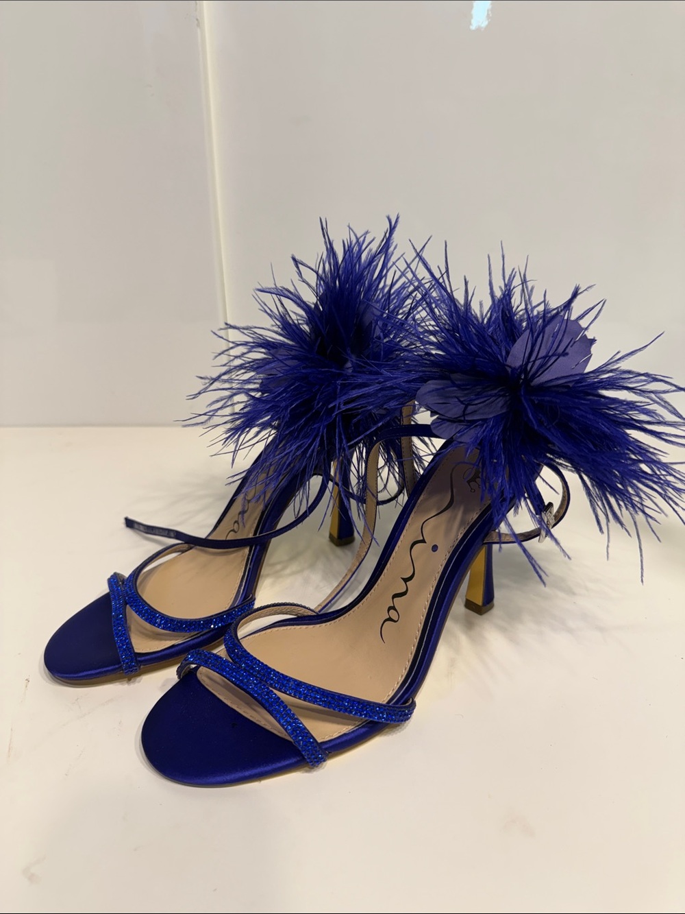 New Nina Blue Feather Embellished Strappy High Heel Sandals - Women’s 8